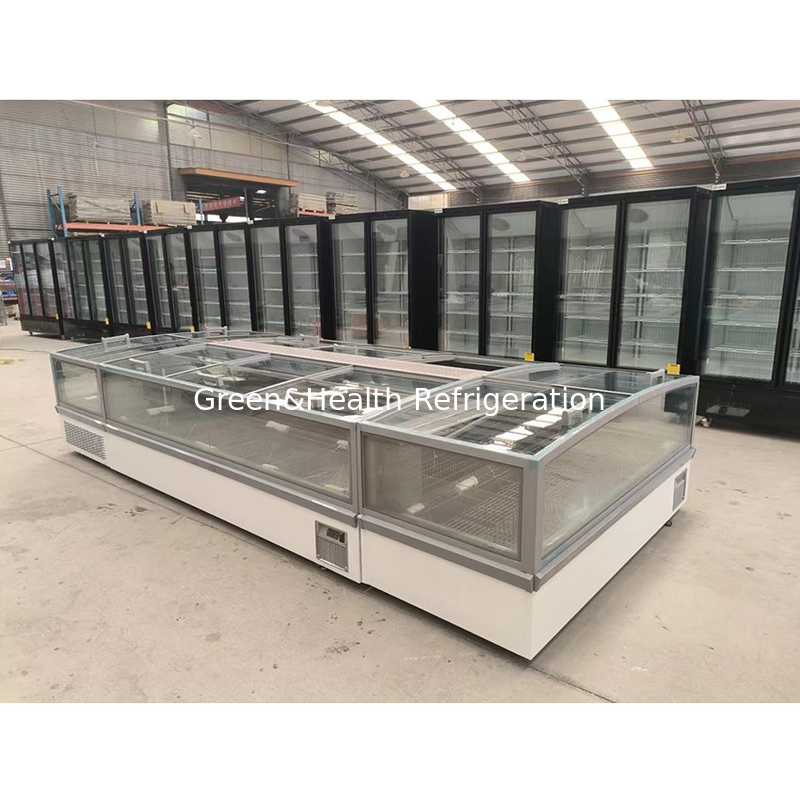 Großer Fensterglas-Display-Schrank Supermarkt-Insel-Frieser mit Innenaufdruck Aluminium