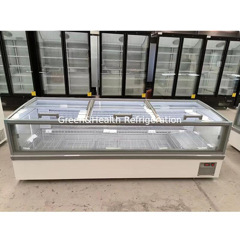 Großer Fensterglas-Display-Schrank Supermarkt-Insel-Frieser mit Innenaufdruck Aluminium
