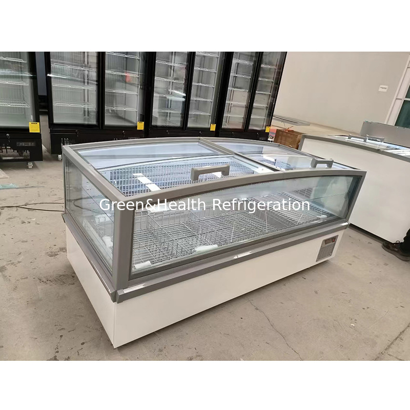 Großer Fensterglas-Display-Schrank Supermarkt-Insel-Frieser mit Innenaufdruck Aluminium