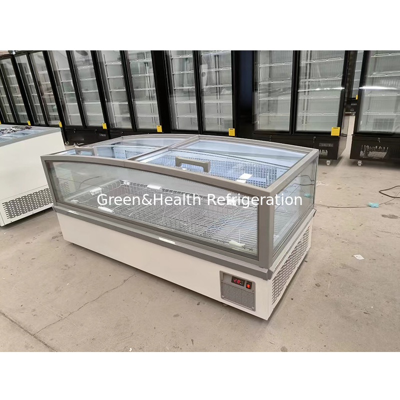 Großer Fensterglas-Display-Schrank Supermarkt-Insel-Frieser mit Innenaufdruck Aluminium