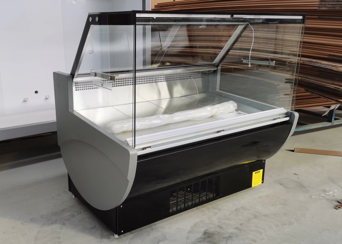 Quadratischer Glasbildschirm Kühlschrank mit offener Tür Temperaturbereich 2-6°C und Leistung