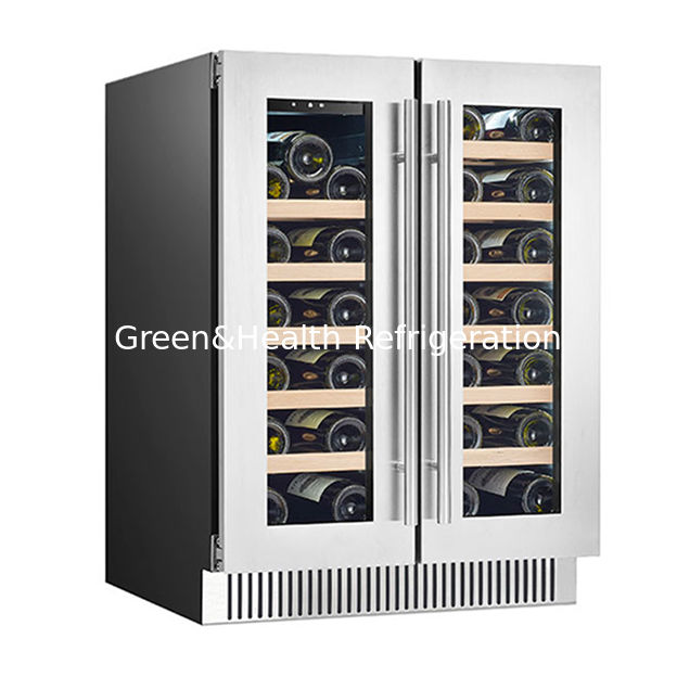 ETL-Zertifikat 68 Flaschen Zwei Glastüren Zwei unabhängige Temperaturzonen Eichenholzregale Rotwein Lagerung Kühlschrank