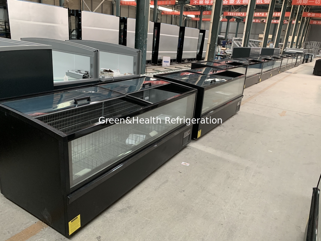 Supermarkt-Inselgefrierschrank Panorama-Glasgefrierschrank Auto-Entfroren Inselgefrierschrank mit LED-Beleuchtung
