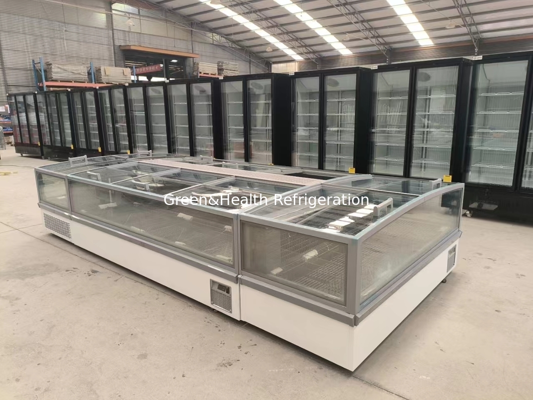Supermarkt-Inselgefrierschrank Panorama-Glasgefrierschrank Auto-Entfroren Inselgefrierschrank mit LED-Beleuchtung