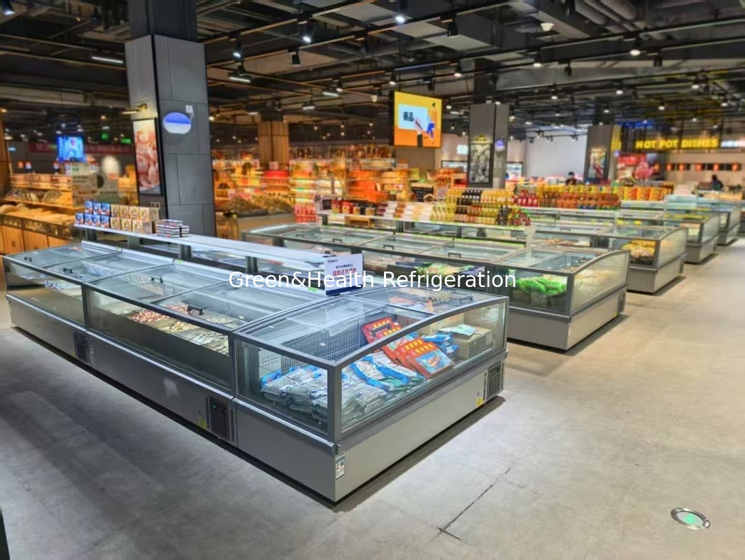 Supermarkt-Inselgefrierschrank Panorama-Glasgefrierschrank Auto-Entfroren Inselgefrierschrank mit LED-Beleuchtung