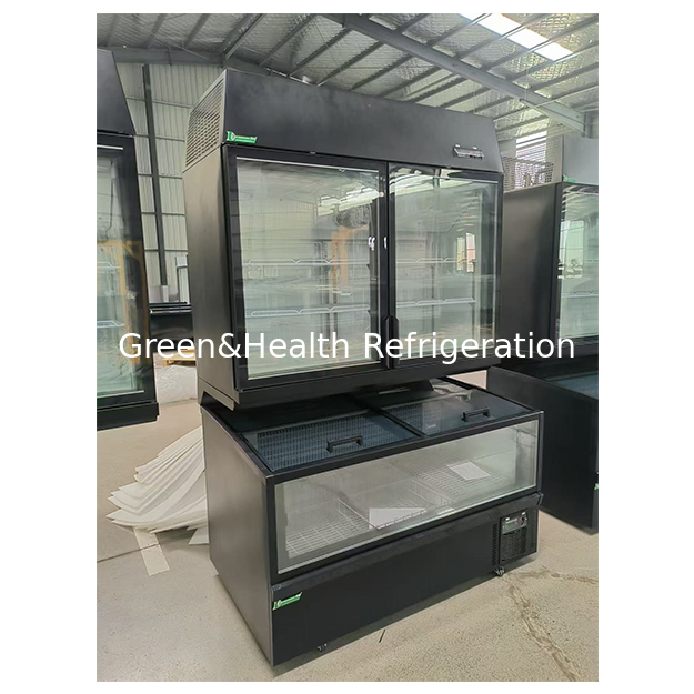 Island Display Cabinet For Supermarkets With Refrigeration On The Top And Freezing At The Bottom