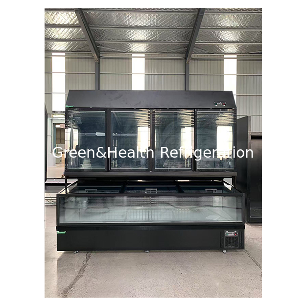 Island Display Cabinet For Supermarkets With Refrigeration On The Top And Freezing At The Bottom