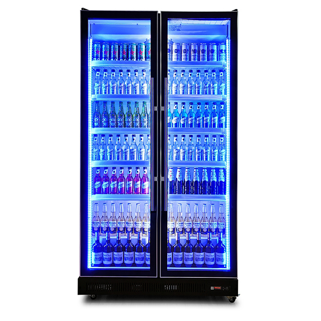 Vertikaler Weinkühlschrank mit zwei Glastüren, mehreren LED-Leuchten und Gefrierfach für Wein und Getränke