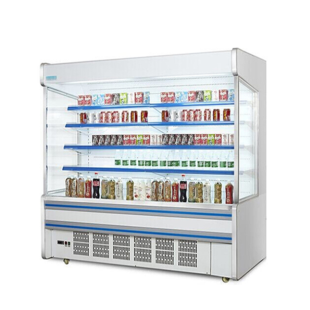 Supermarkt-Gewerbekühlschrank mit eingebautem Kompressor, mehreren Regalen und offenem Typ