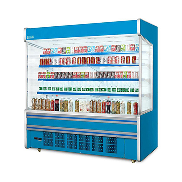 Supermarkt-Gewerbekühlschrank mit eingebautem Kompressor, mehreren Regalen und offenem Typ