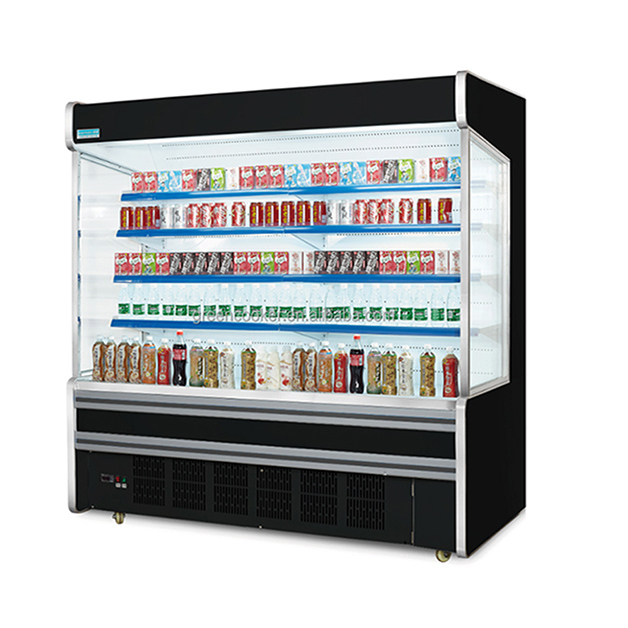 Supermarkt-Gewerbekühlschrank mit eingebautem Kompressor, mehreren Regalen und offenem Typ