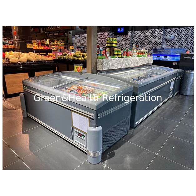 Supermärkte verwenden Inselkühlschränke für die Tiefkühllagerung von Lebensmitteln bei niedrigen Temperaturen