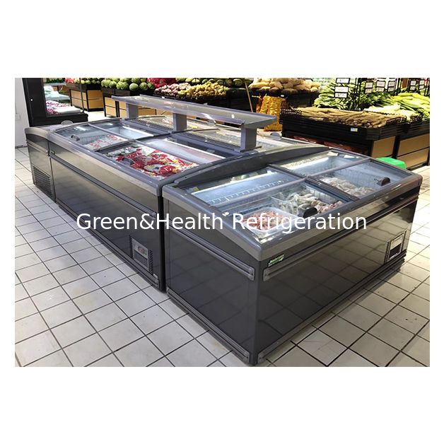 Supermärkte verwenden Inselkühlschränke für die Tiefkühllagerung von Lebensmitteln bei niedrigen Temperaturen