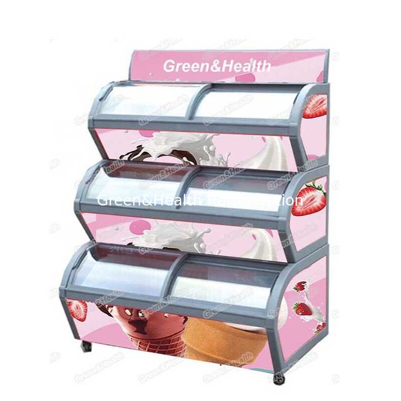 Commercial Three Layers Ice Cream Display Freezer with R404a Refrigerant and Stainless Steel Pans