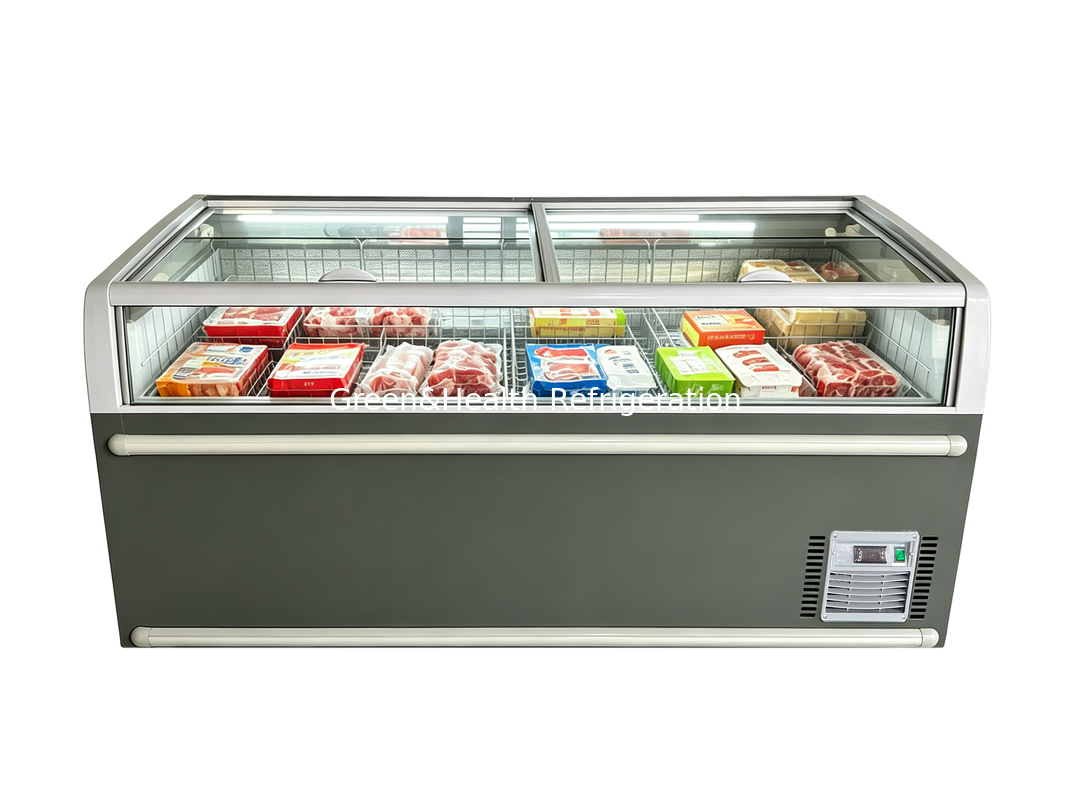 -18~-22 Degree Supermarket Island Freezer For Meat And Fish with transparent glass top