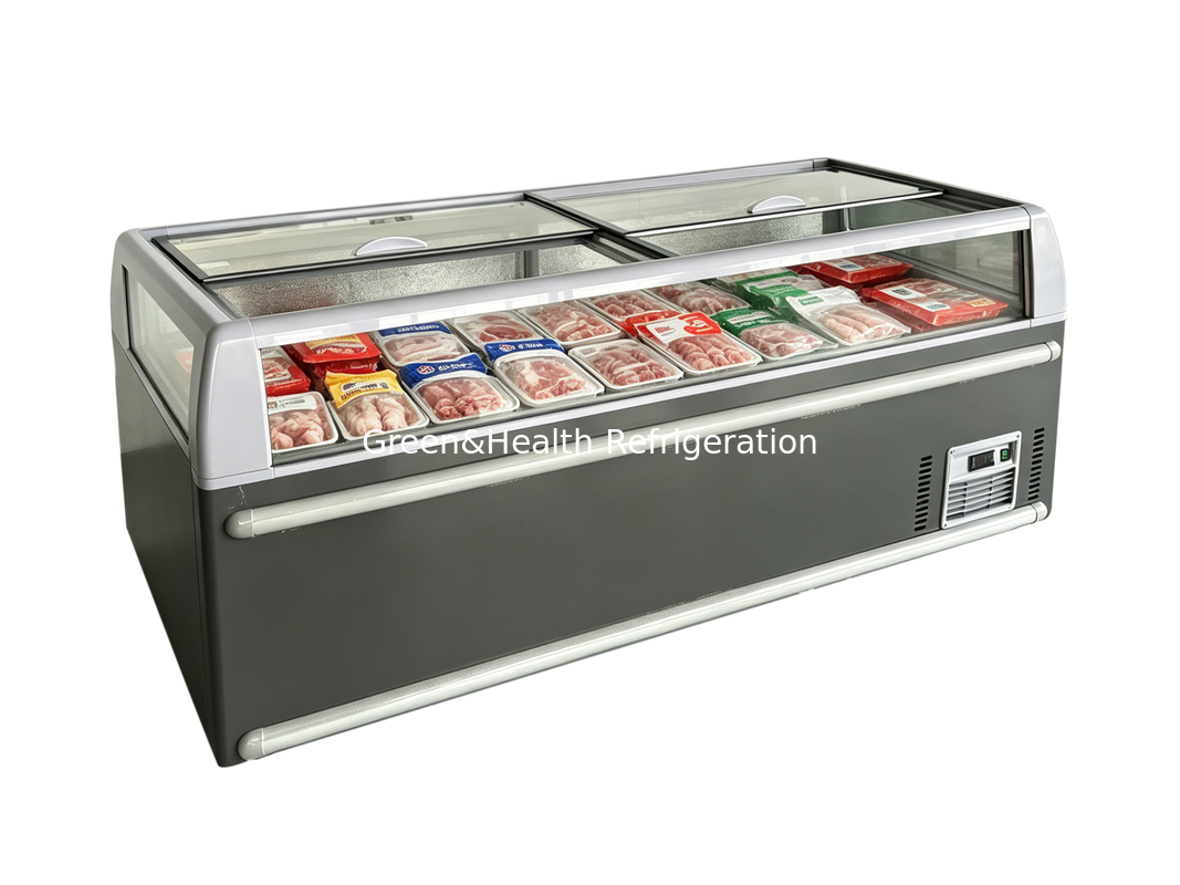 -18~-22 Degree Supermarket Island Freezer For Meat And Fish with transparent glass top