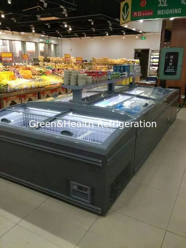 Flexibler Anzeigentyp Glastür Automatischer Entfroster Supermarktinsel Gefrierschrank