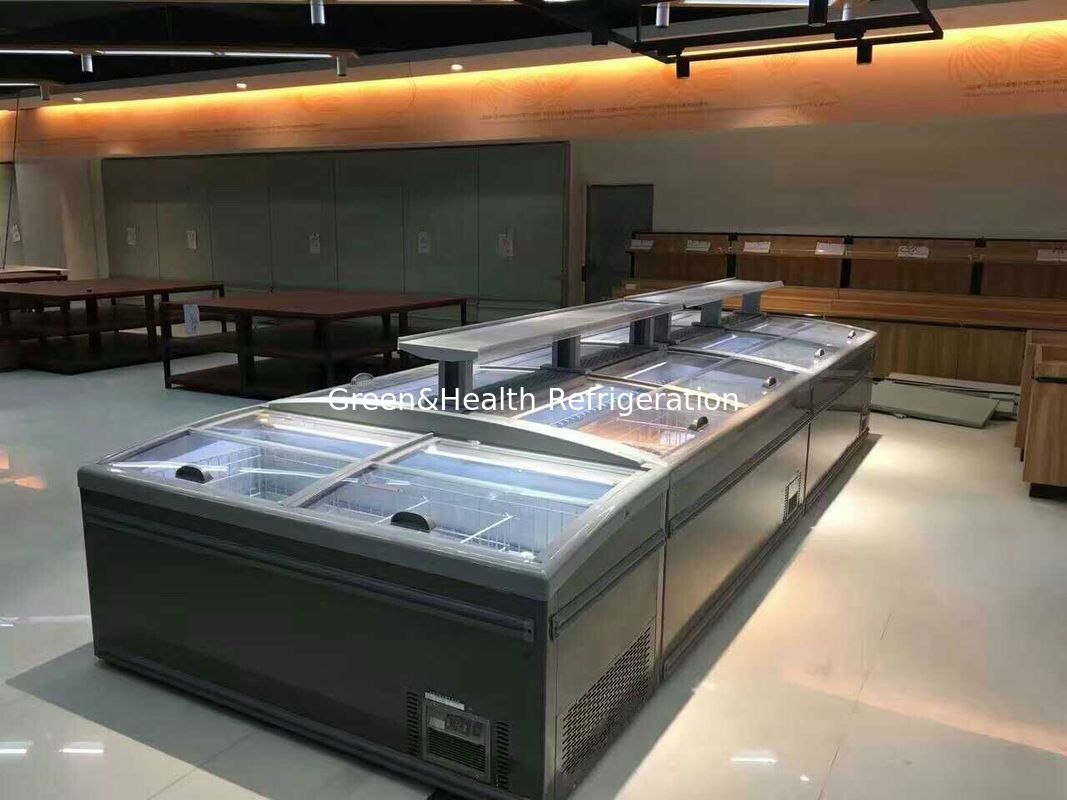 Flexibler Anzeigentyp Glastür Automatischer Entfroster Supermarktinsel Gefrierschrank