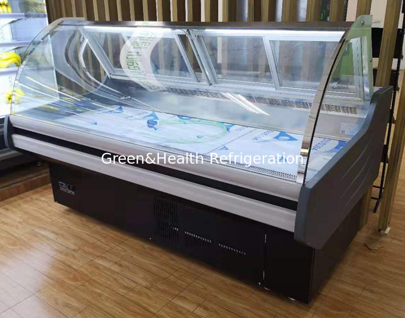 Gewerblicher Fleisch-Display-Schrank mit geschwungenem Glas aus Edelstahl und Lüfterkühlsystem