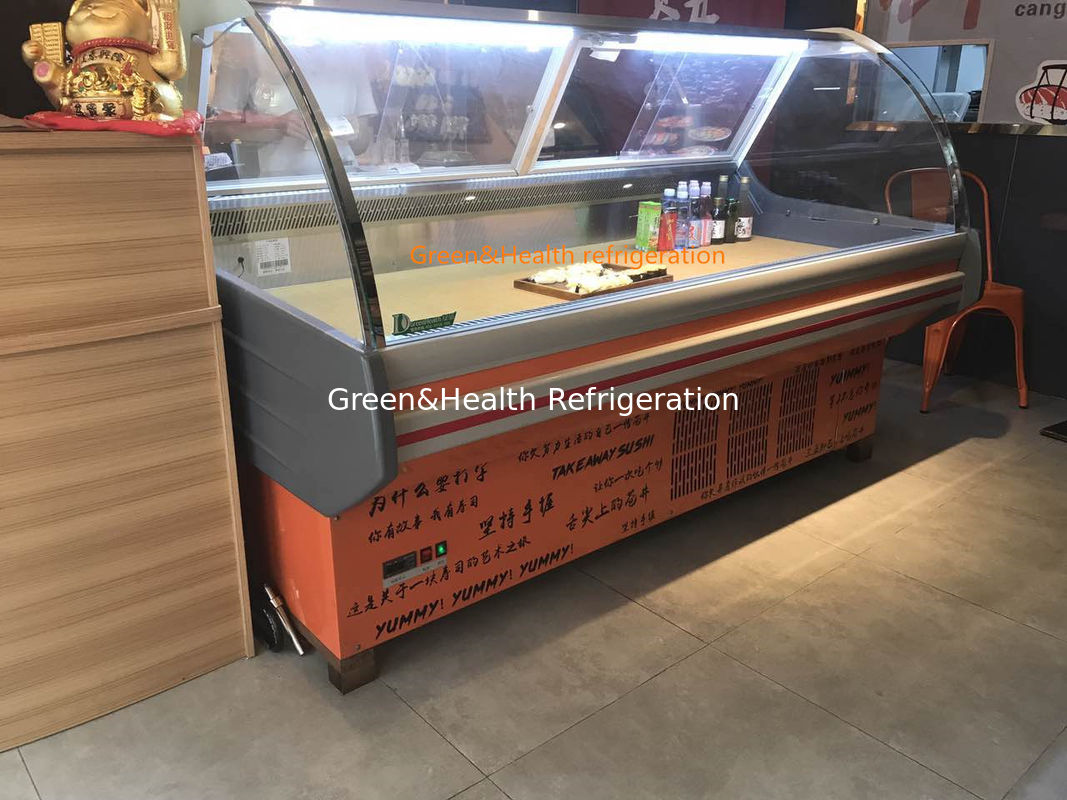 Gewerblicher Fleisch-Display-Schrank mit geschwungenem Glas aus Edelstahl und Lüfterkühlsystem