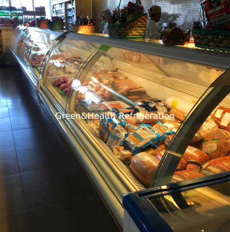 Gewerblicher Fleisch-Display-Schrank mit geschwungenem Glas aus Edelstahl und Lüfterkühlsystem