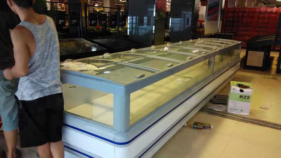 Supermarkt-Insel-Gefrierschrank-weiße Farbe des Kaufhaus-R404a mit Kurven-Glas