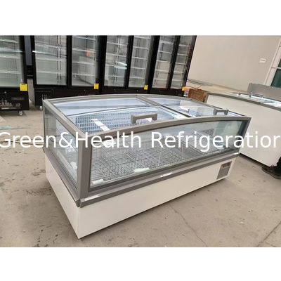 Großer Fensterglas-Display-Schrank Supermarkt-Insel-Frieser mit Innenaufdruck Aluminium