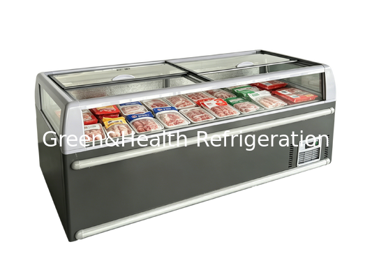 -18~-22 Degree Supermarket Island Freezer For Meat And Fish with transparent glass top