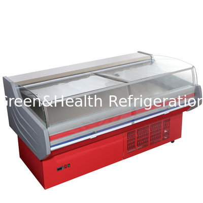 ROHS-Feinkostgeschäft Kühlvitrine, Werbungs-offener Anzeigen-Gefrierschrank mit gebogenem Glas für Fleisch-Meeresfrüchte